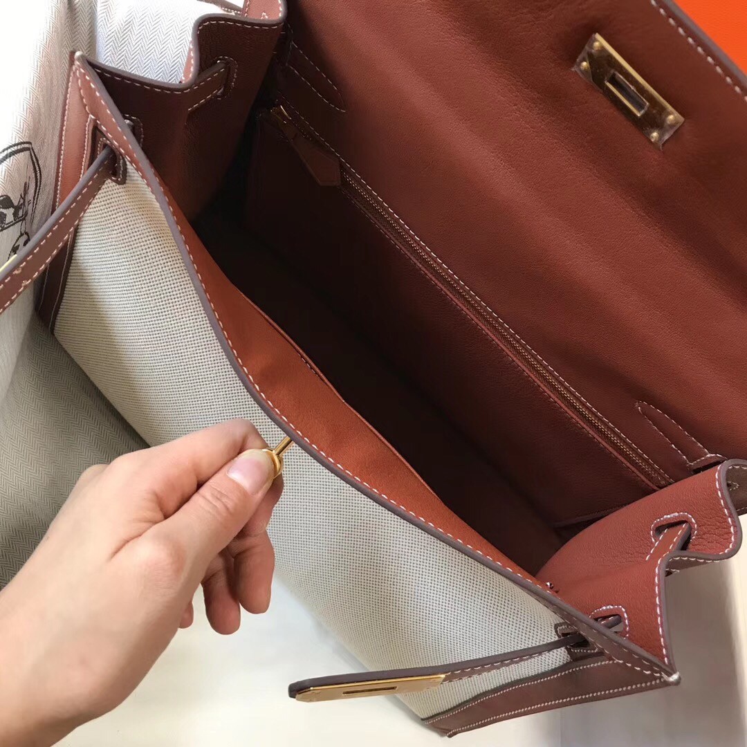 H**mes kelly 32cm sellier bag in canvas with barenia leather
