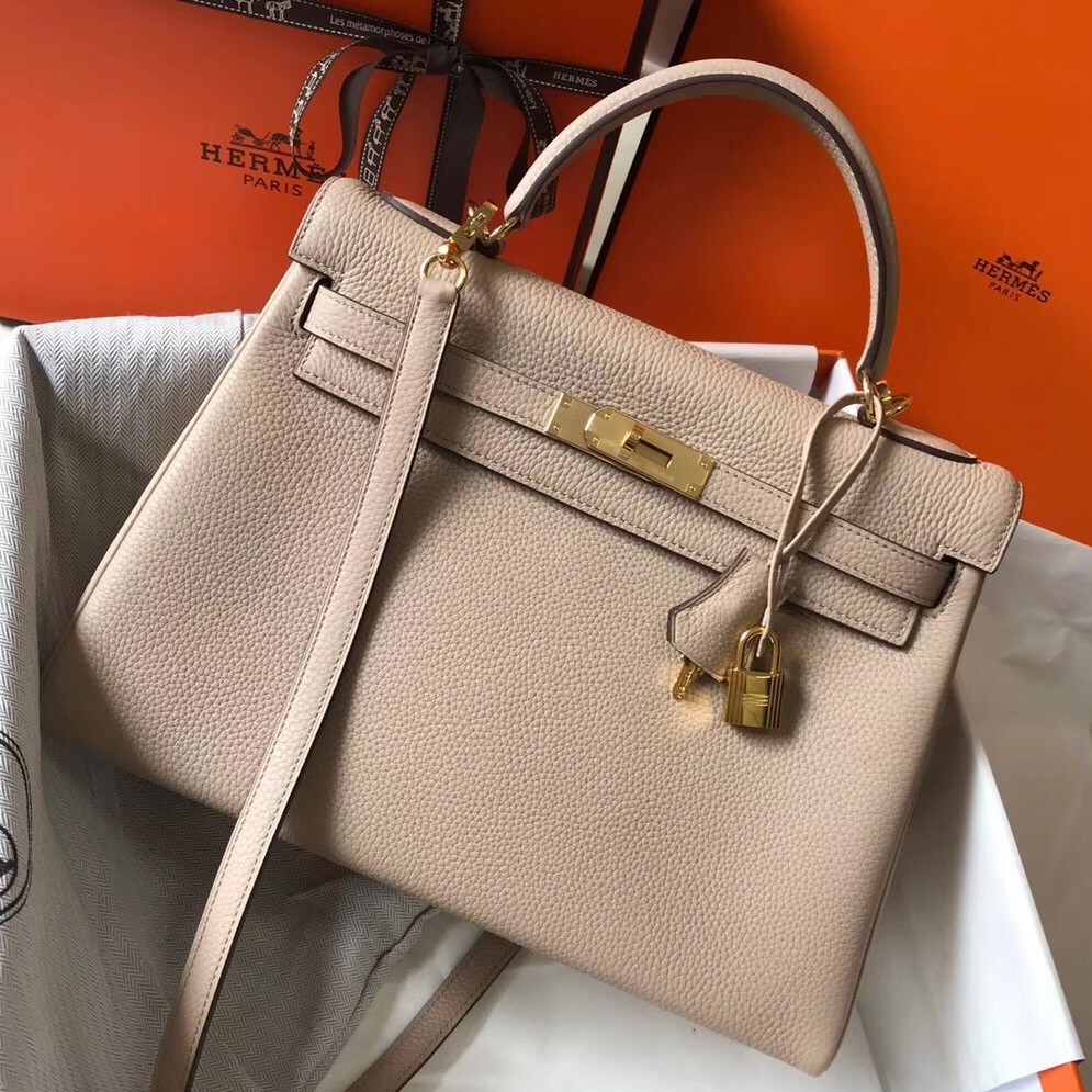 H**mes kelly 32cm retourne bag in argile clemence leather