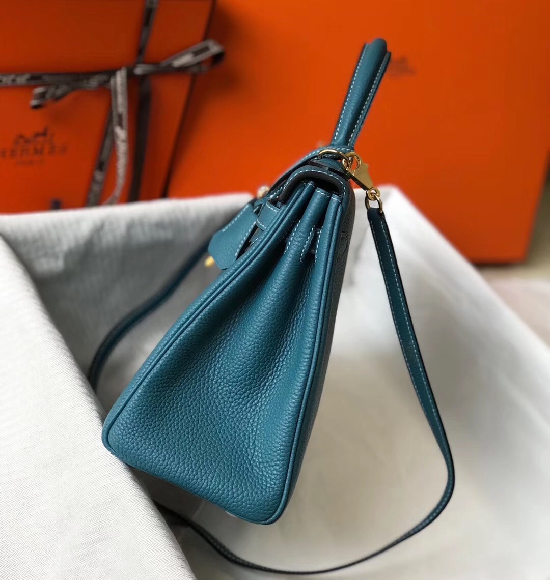 H**mes kelly 32cm retourne bag in blue jean clemence leather