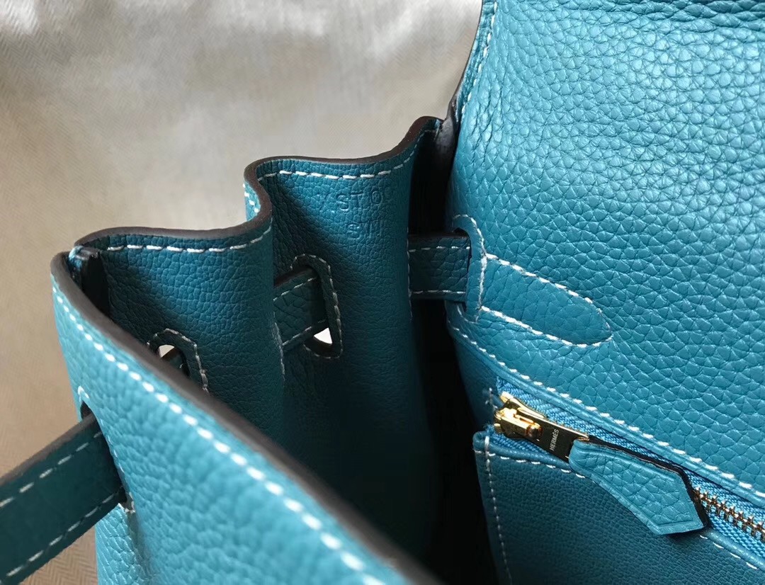 H**mes kelly 32cm retourne bag in blue jean clemence leather
