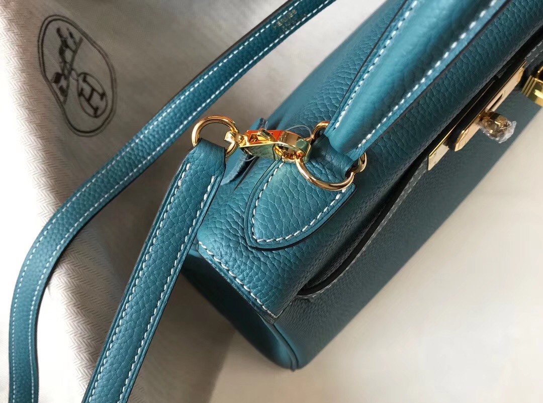 H**mes kelly 32cm retourne bag in blue jean clemence leather
