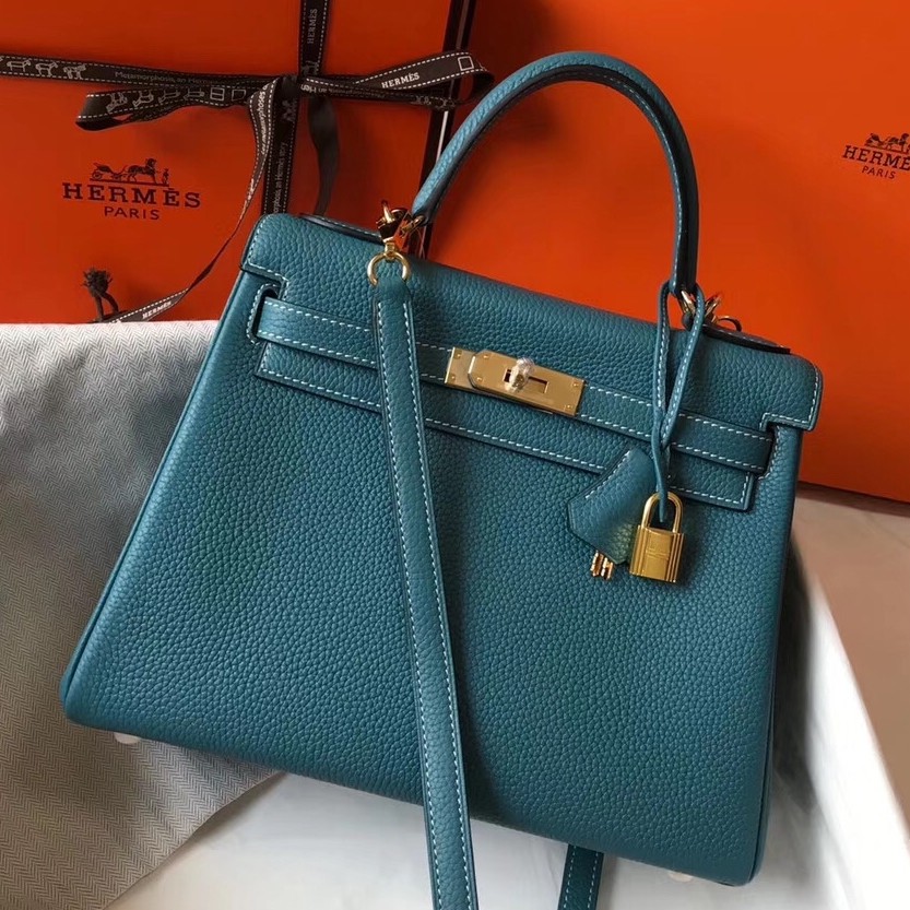 H**mes kelly 32cm retourne bag in blue jean clemence leather