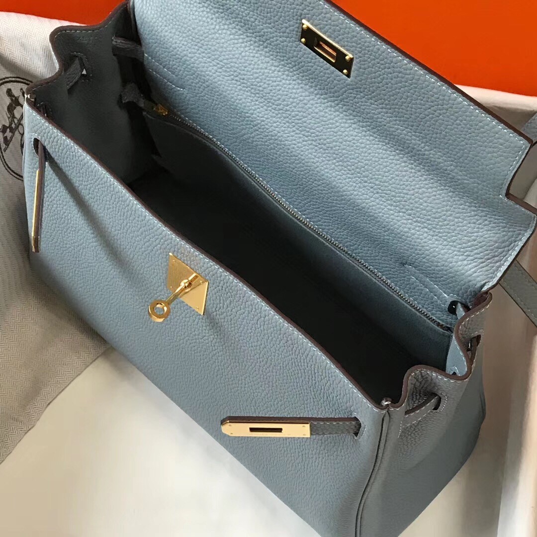 H**mes kelly 32cm retourne bag in blue lin clemence leather