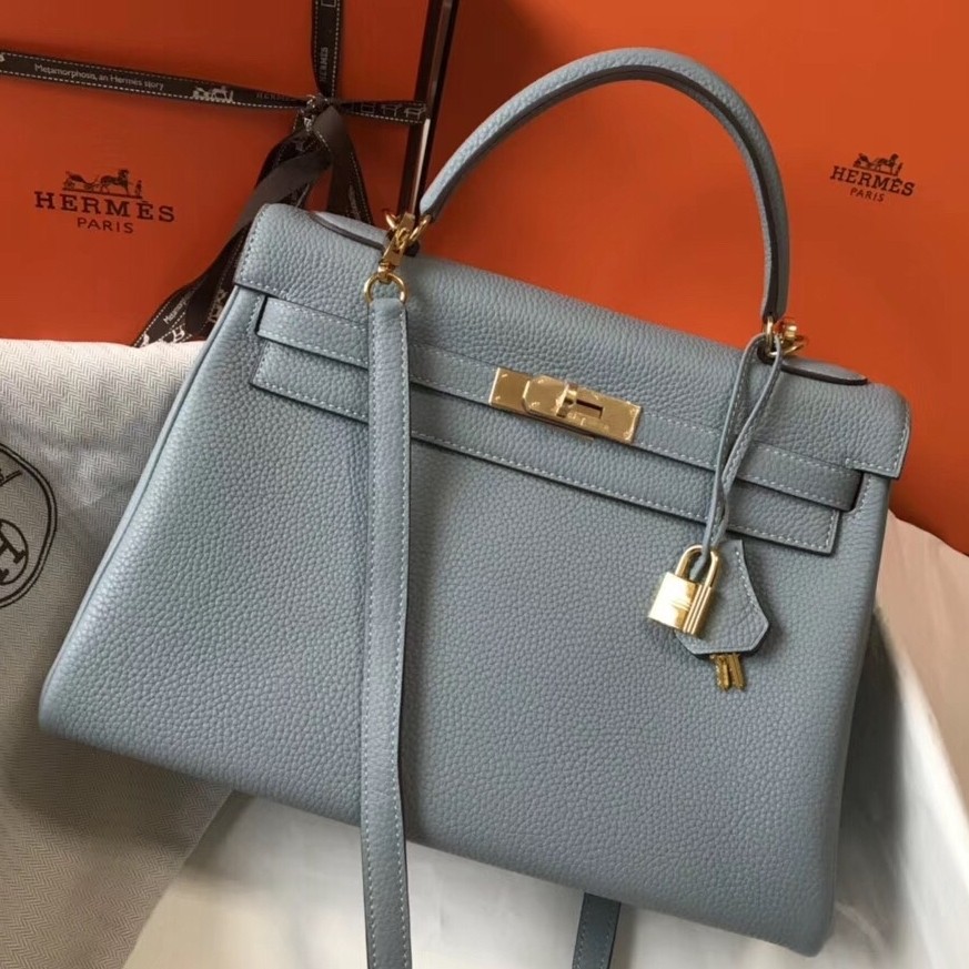 H**mes kelly 32cm retourne bag in blue lin clemence leather