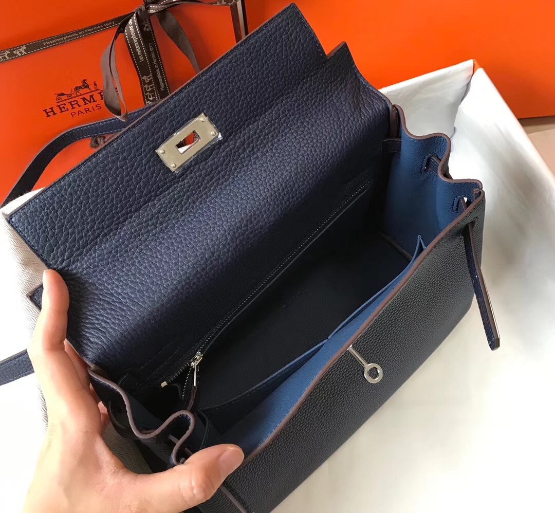H**mes kelly 32cm retourne bag in navy blue clemence leather