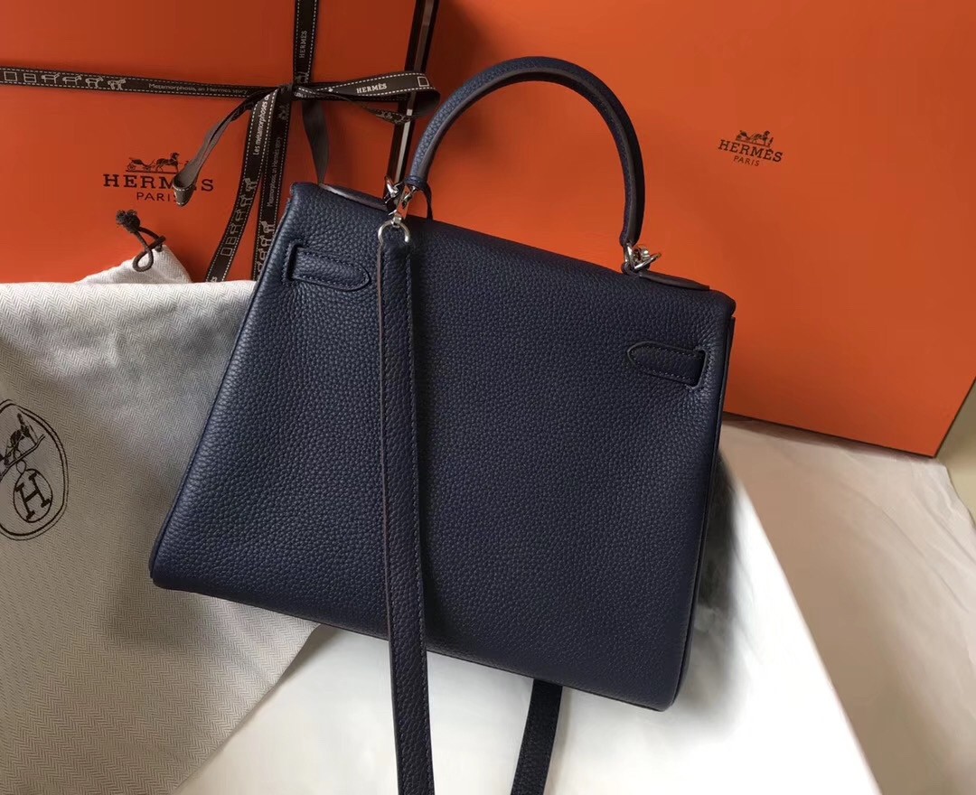 H**mes kelly 32cm retourne bag in navy blue clemence leather