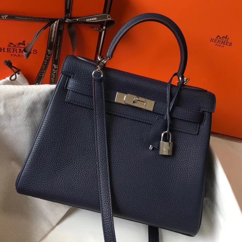 H**mes kelly 32cm retourne bag in navy blue clemence leather