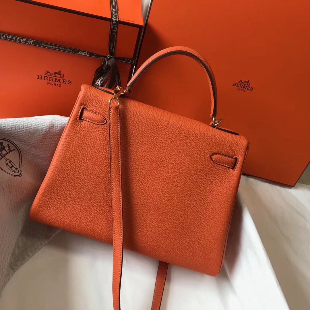 H**mes kelly 32cm retourne bag in orange clemence leather