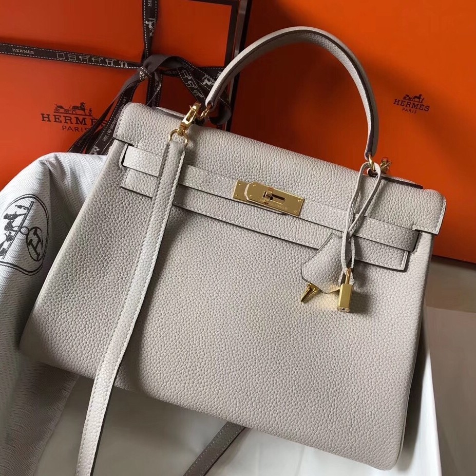 H**mes kelly 32cm retourne bag in pearl grey clemence leather