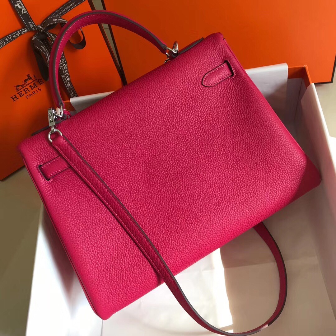 H**mes kelly 32cm retourne bag in rose red clemence leather