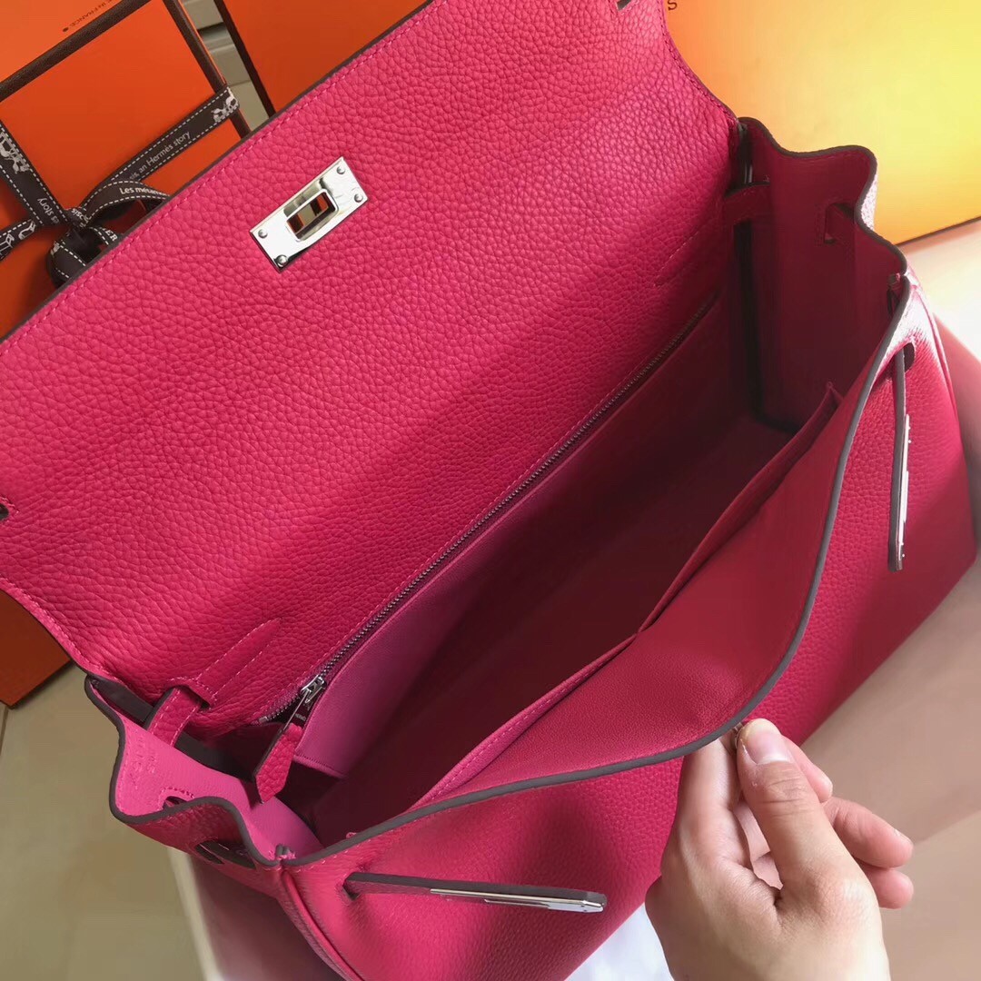 H**mes kelly 32cm retourne bag in rose red clemence leather