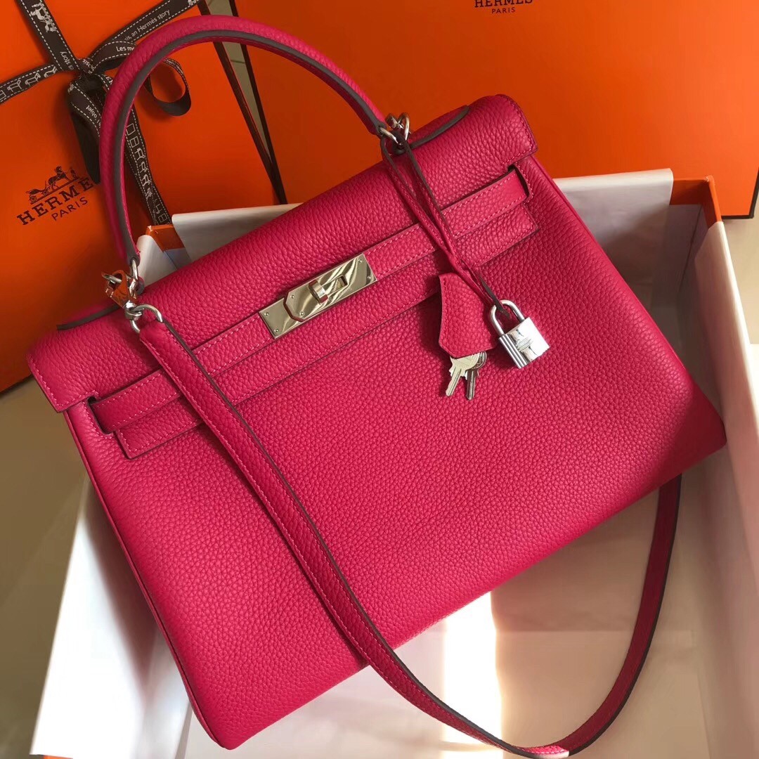 H**mes kelly 32cm retourne bag in rose red clemence leather