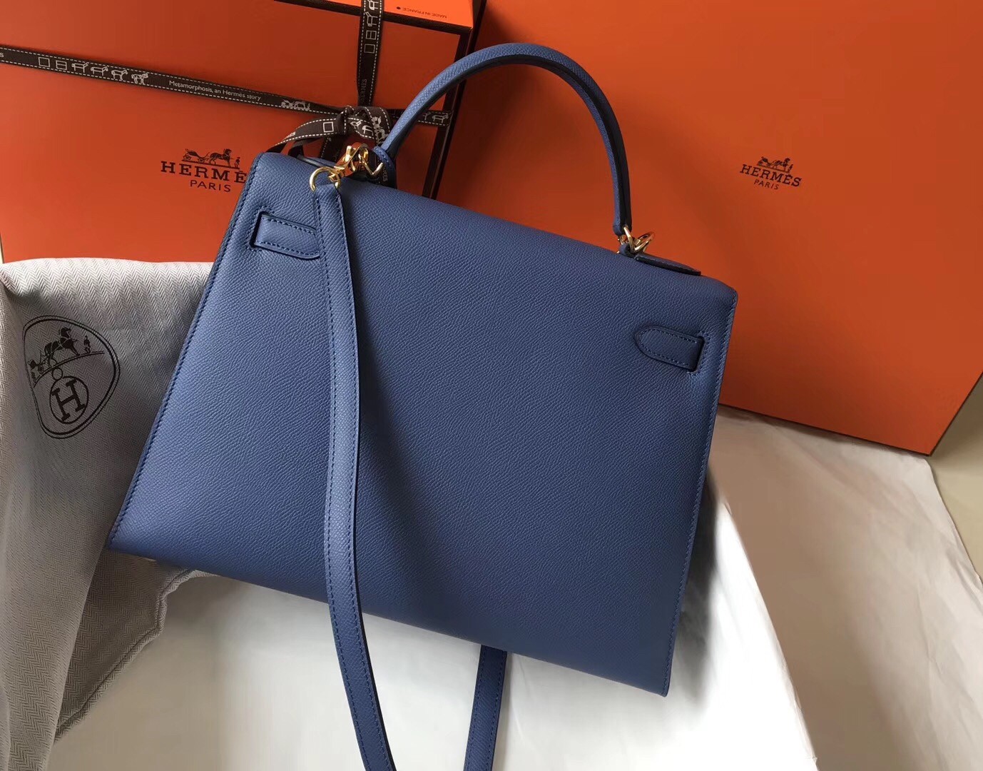 H**mes kelly 32cm sellier bag in blue agate epsom leather