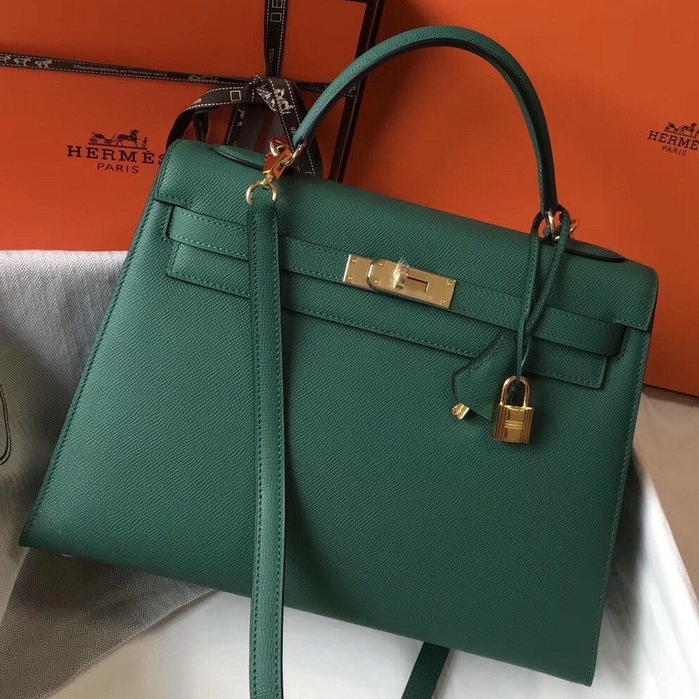 H**mes kelly 32cm sellier bag in malachite epsom leather