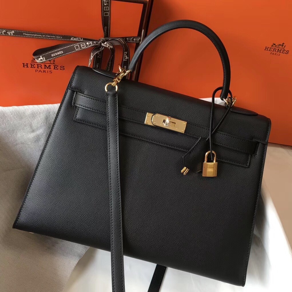 H**mes kelly 32cm sellier bag in black epsom leather