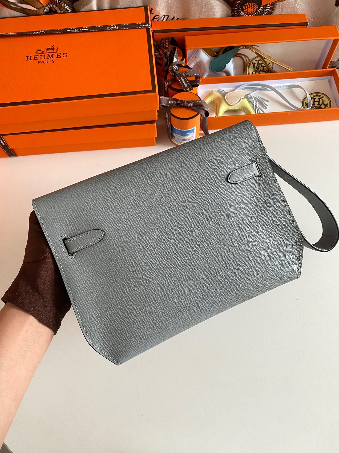 H**mes kelly depeches 25 pouch in blue lin epsom calfskin