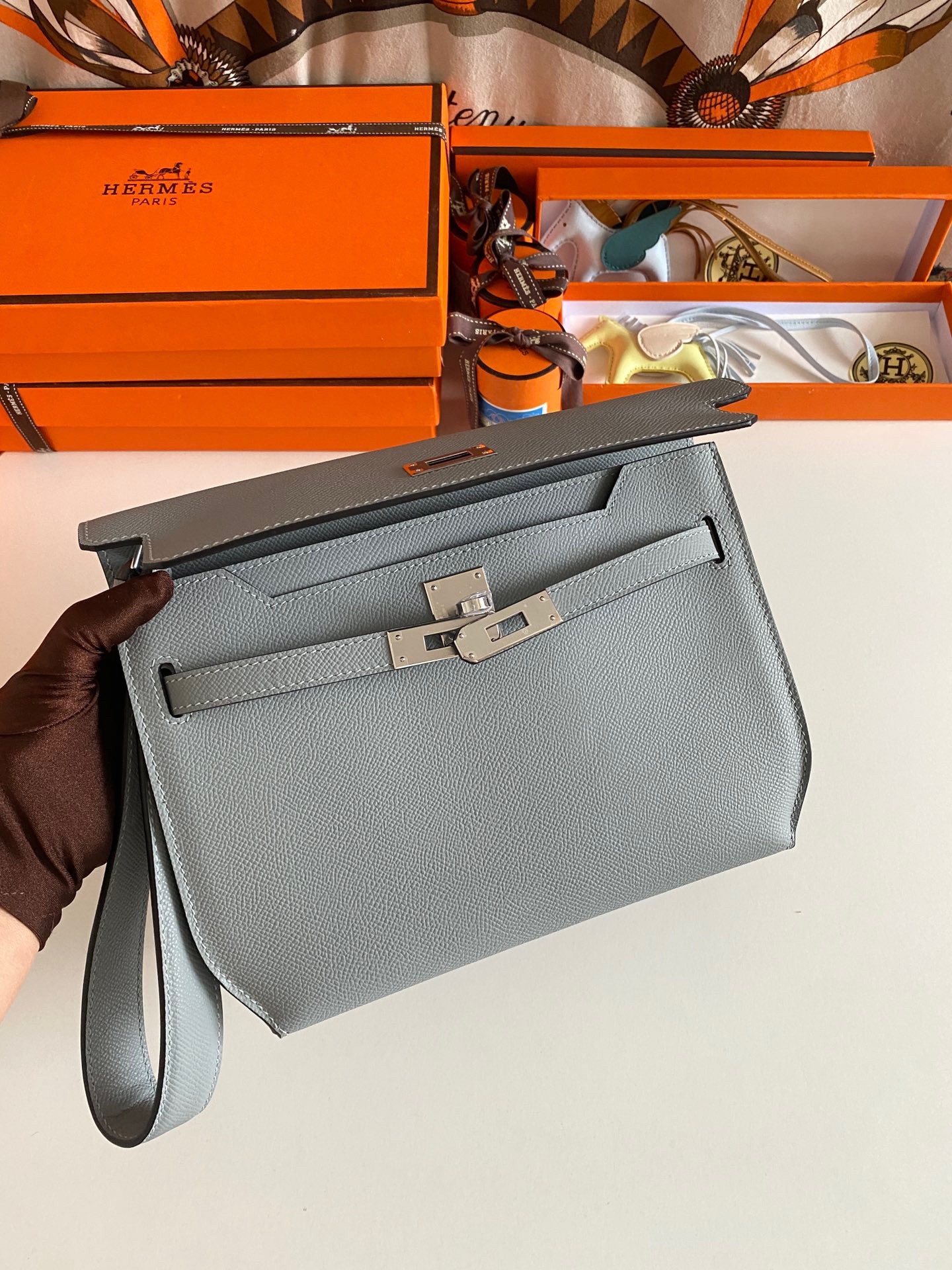 H**mes kelly depeches 25 pouch in blue lin epsom calfskin
