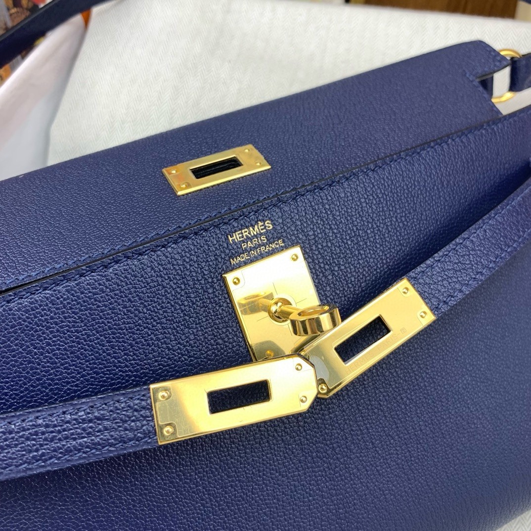 H**mes kelly elan handmade bag in blue saphir chevre mysore leather