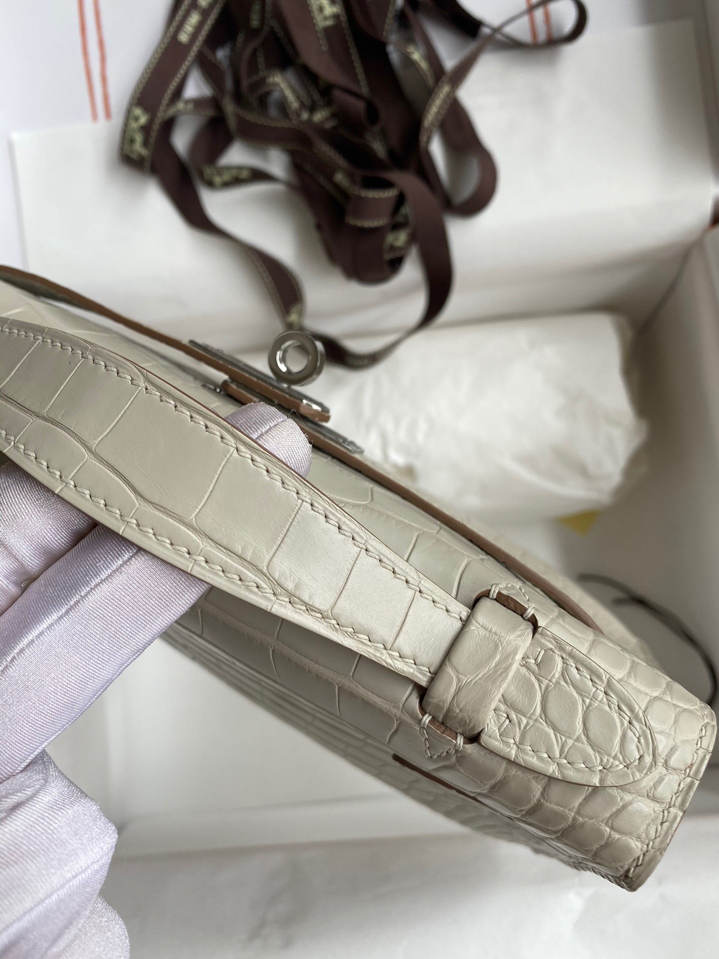 H**mes kelly pochette handmade bag in beton matte alligator leather