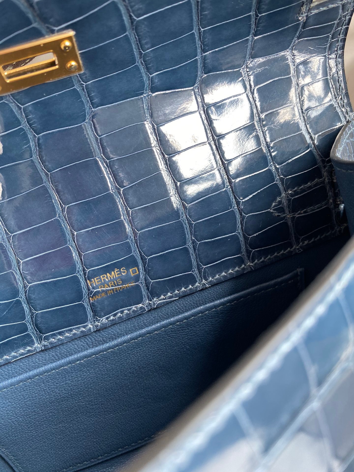 H**mes kelly pochette handmade bag in vert bosphore shiny alligator leather
