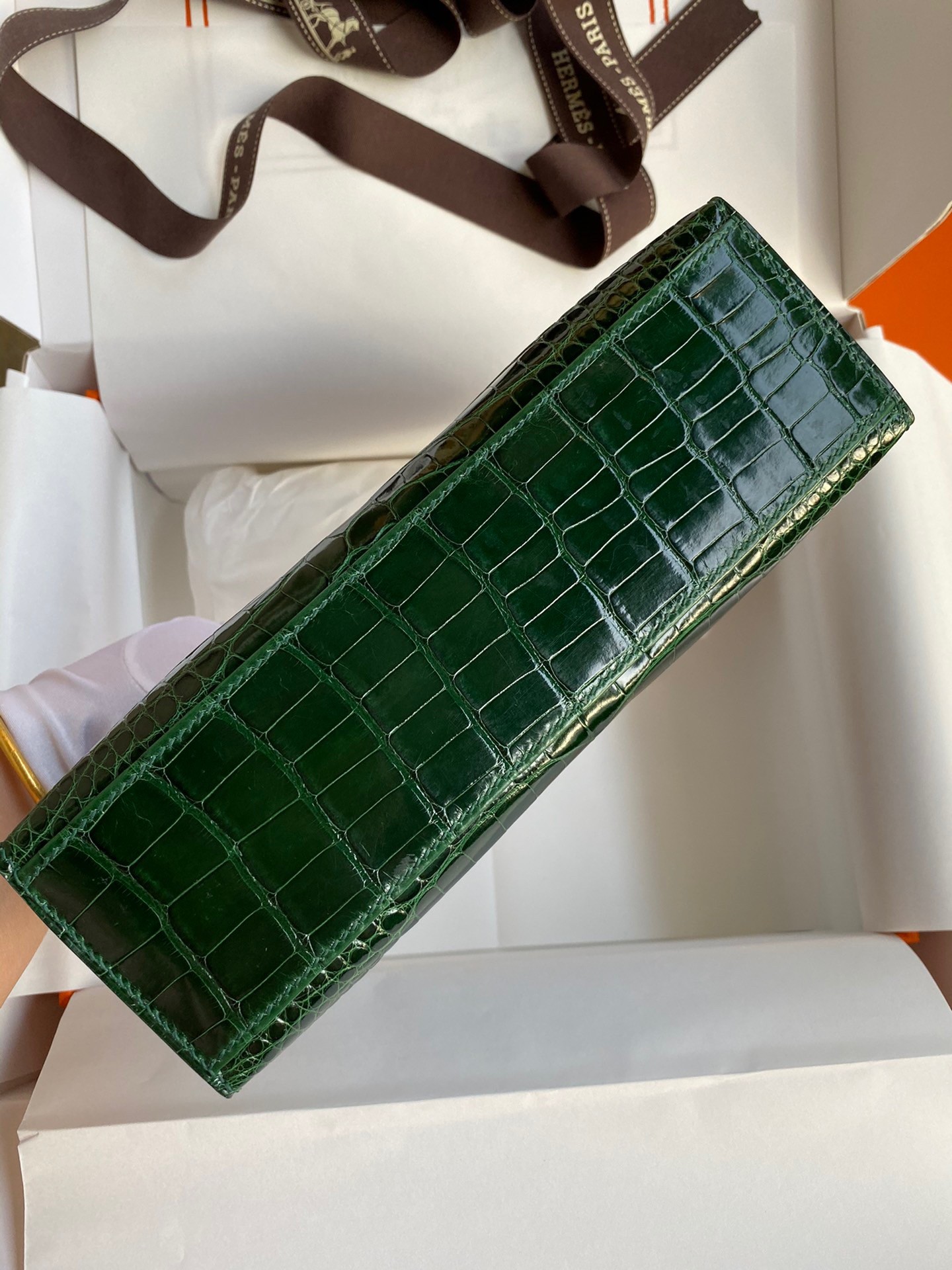 H**mes kelly pochette handmade bag in vert fonce shiny alligator leather