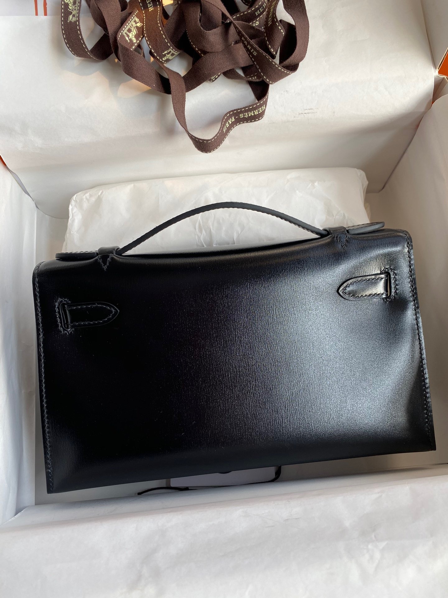 H**mes kelly pochette handmade bag in black box calfskin