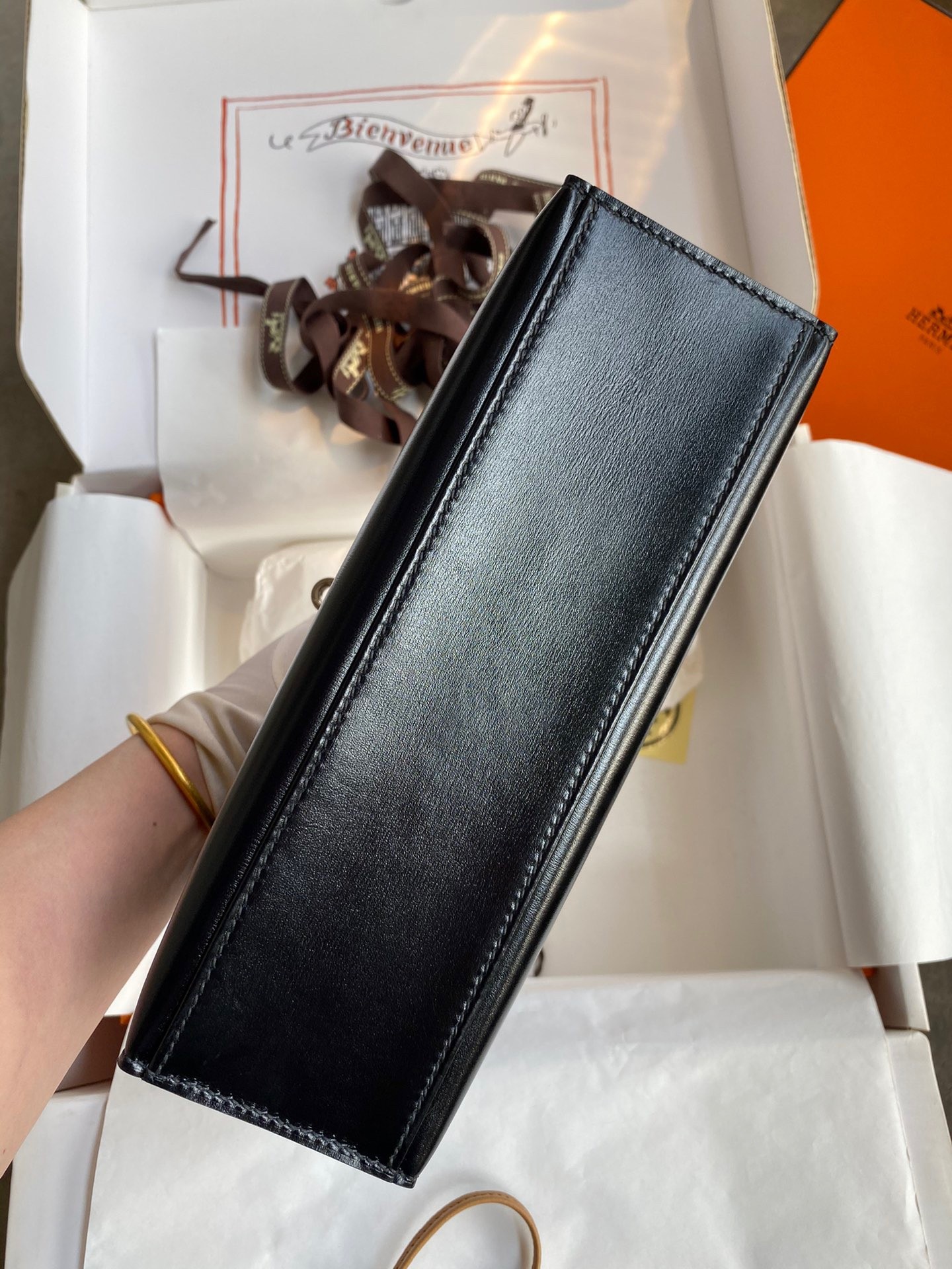 H**mes kelly pochette handmade bag in black box calfskin