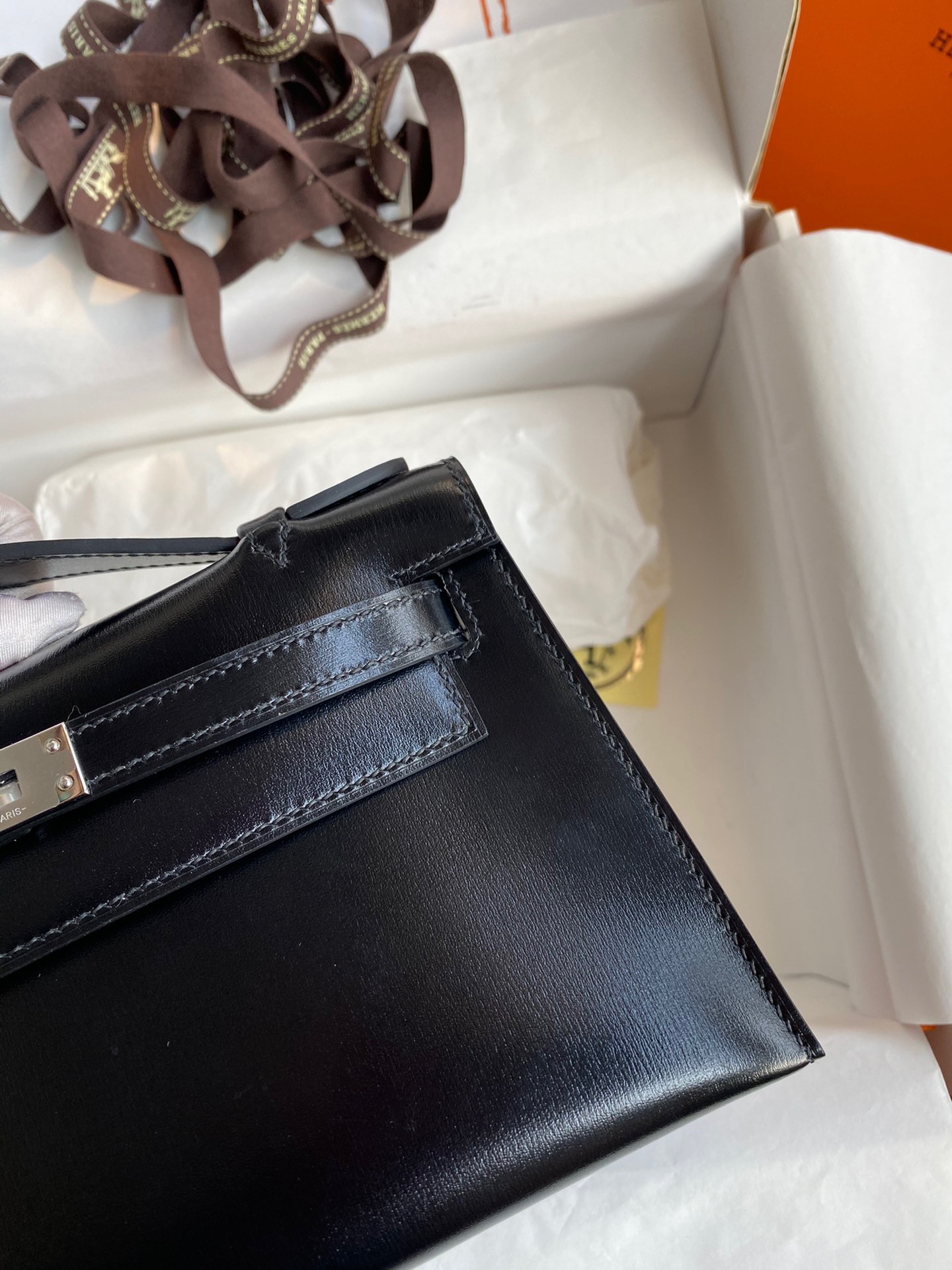 H**mes kelly pochette handmade bag in black box calfskin