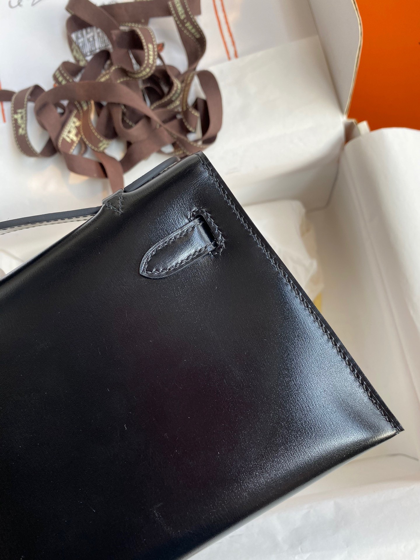 H**mes kelly pochette handmade bag in black box calfskin