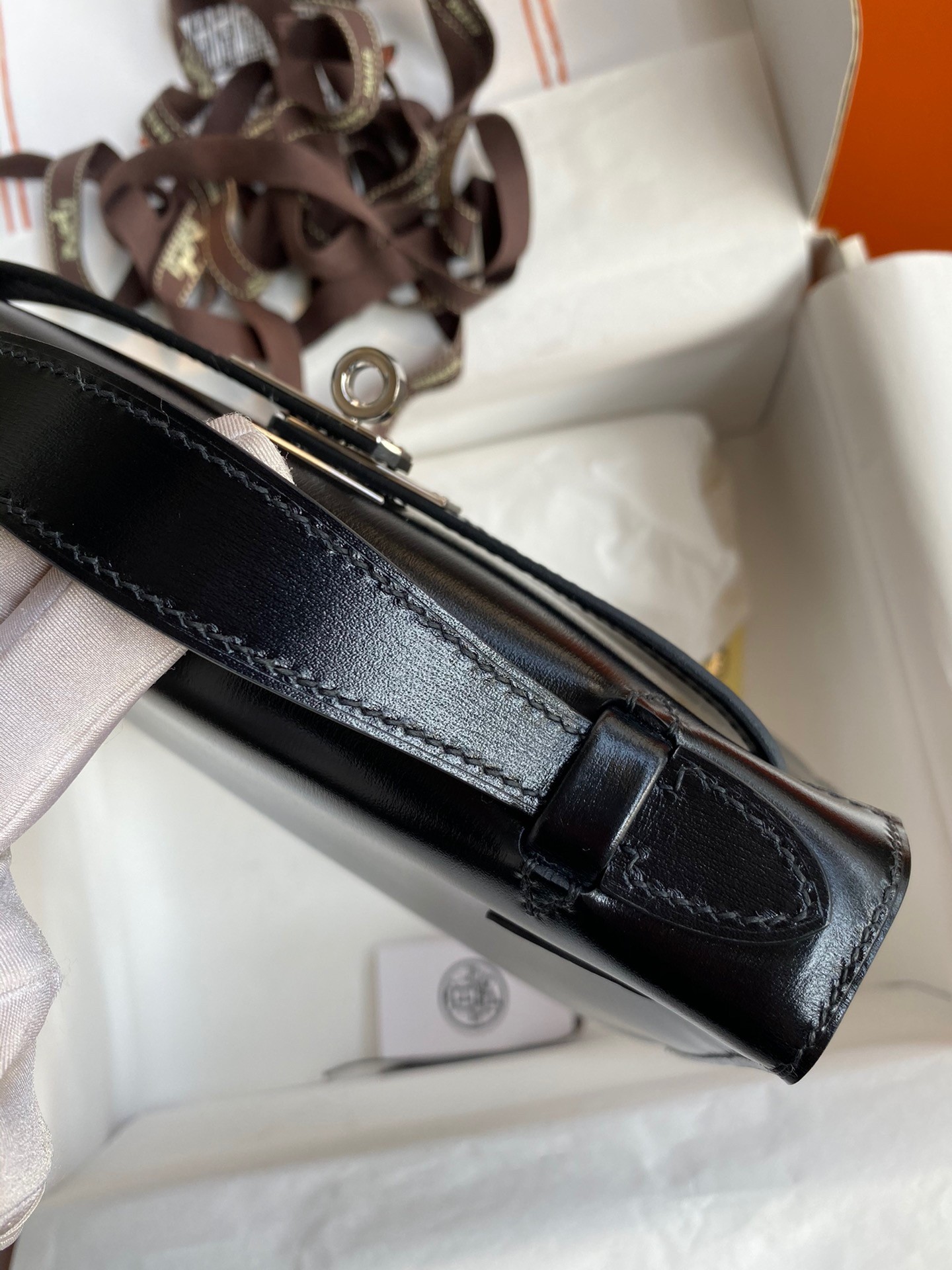 H**mes kelly pochette handmade bag in black box calfskin