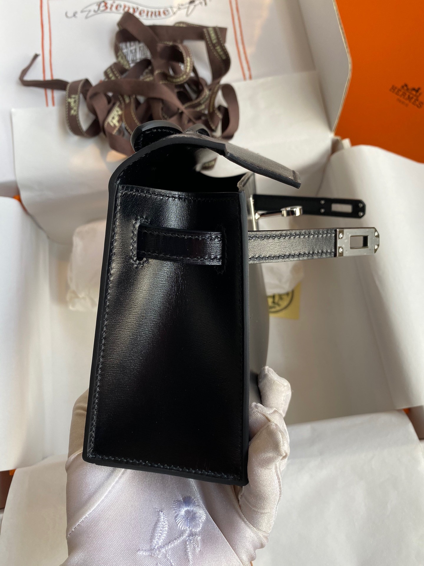H**mes kelly pochette handmade bag in black box calfskin