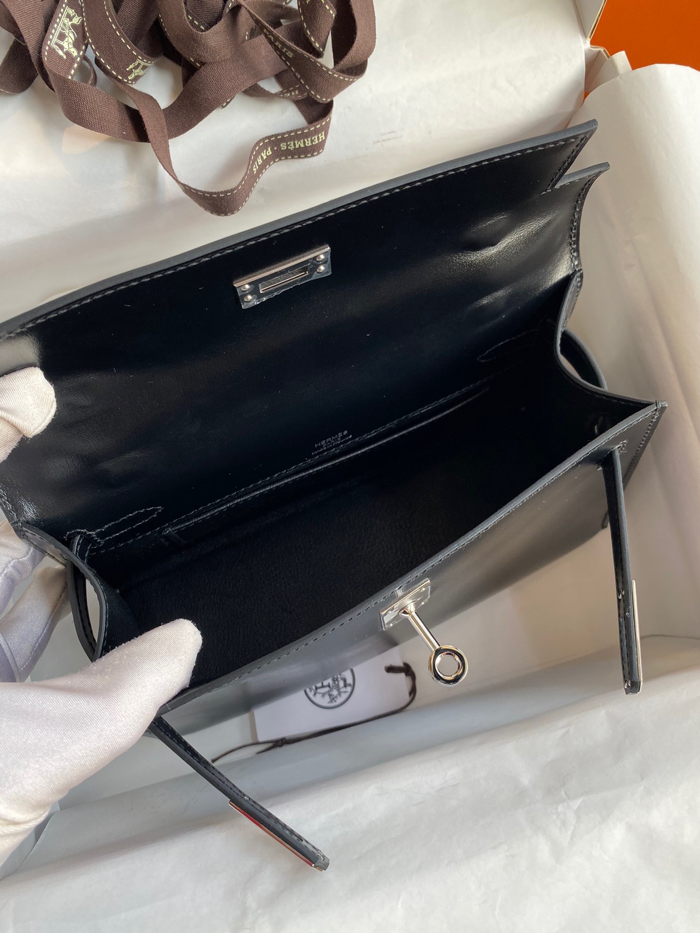 H**mes kelly pochette handmade bag in black box calfskin