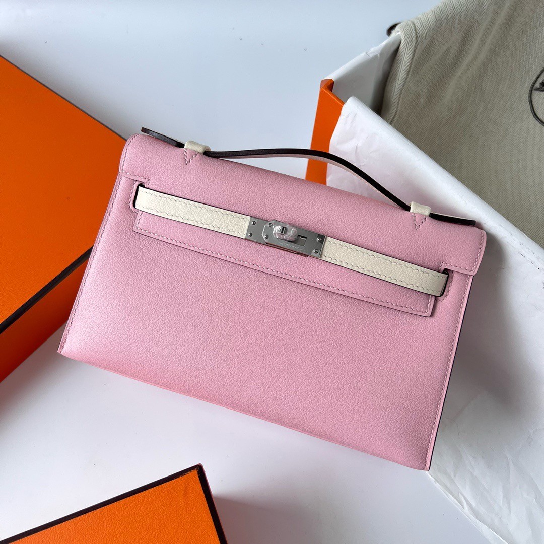 H**mes hss kelly pochette bicolor bag in pink and craie swift calfskin