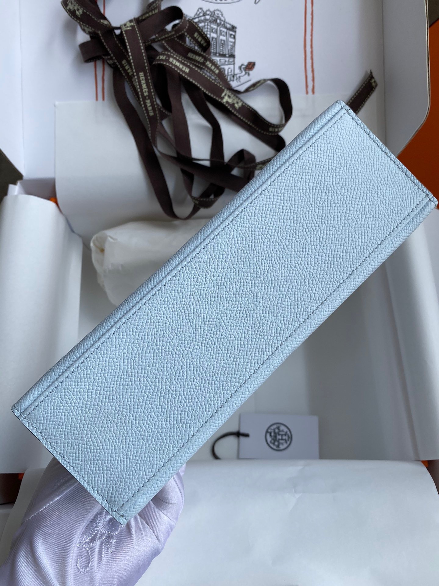 H**mes kelly pochette handmade bag in blue brume epsom calfskin