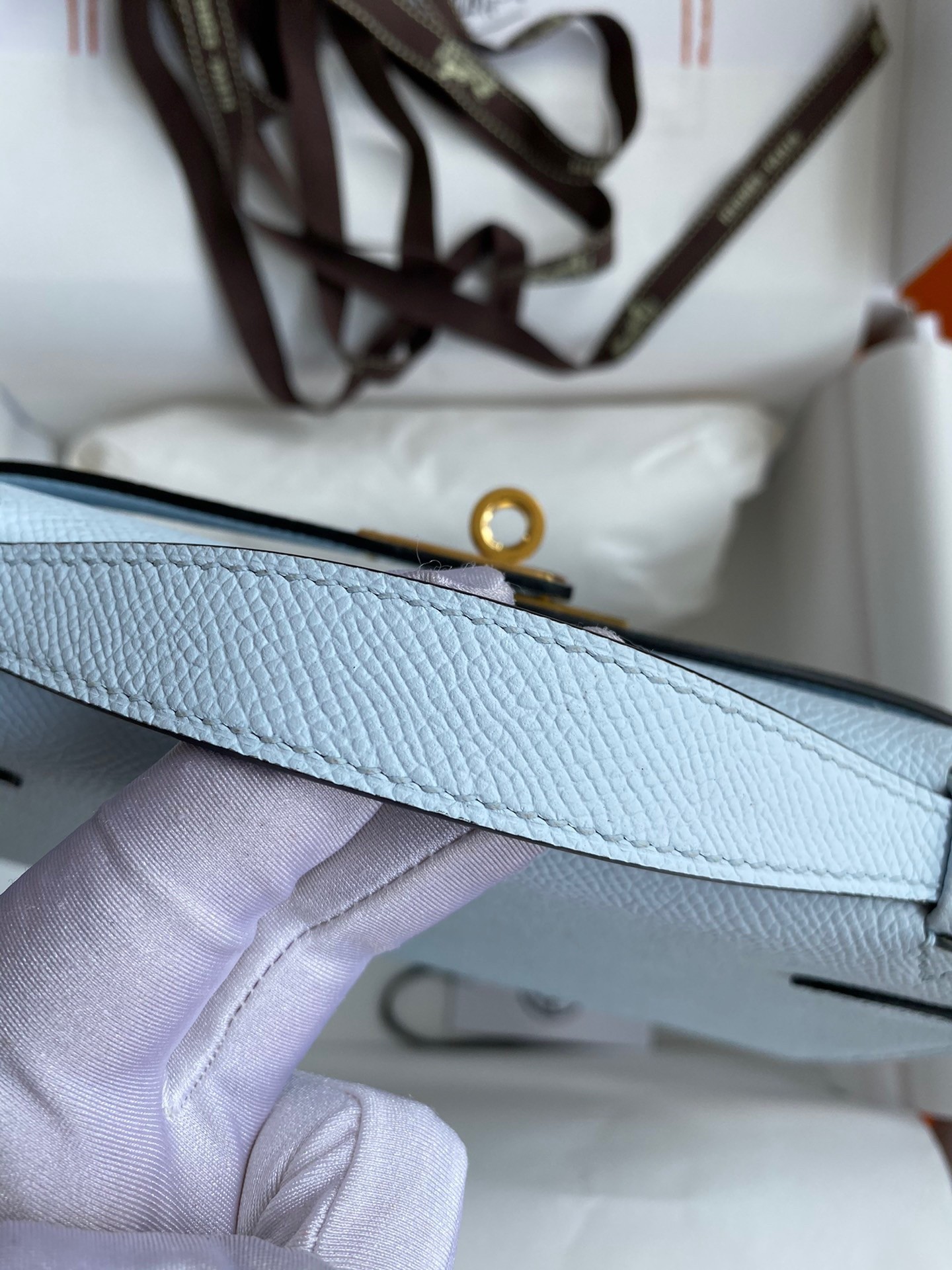 H**mes kelly pochette handmade bag in blue brume epsom calfskin