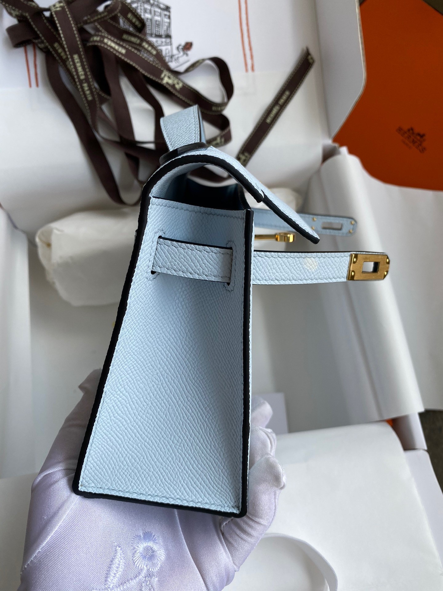 H**mes kelly pochette handmade bag in blue brume epsom calfskin