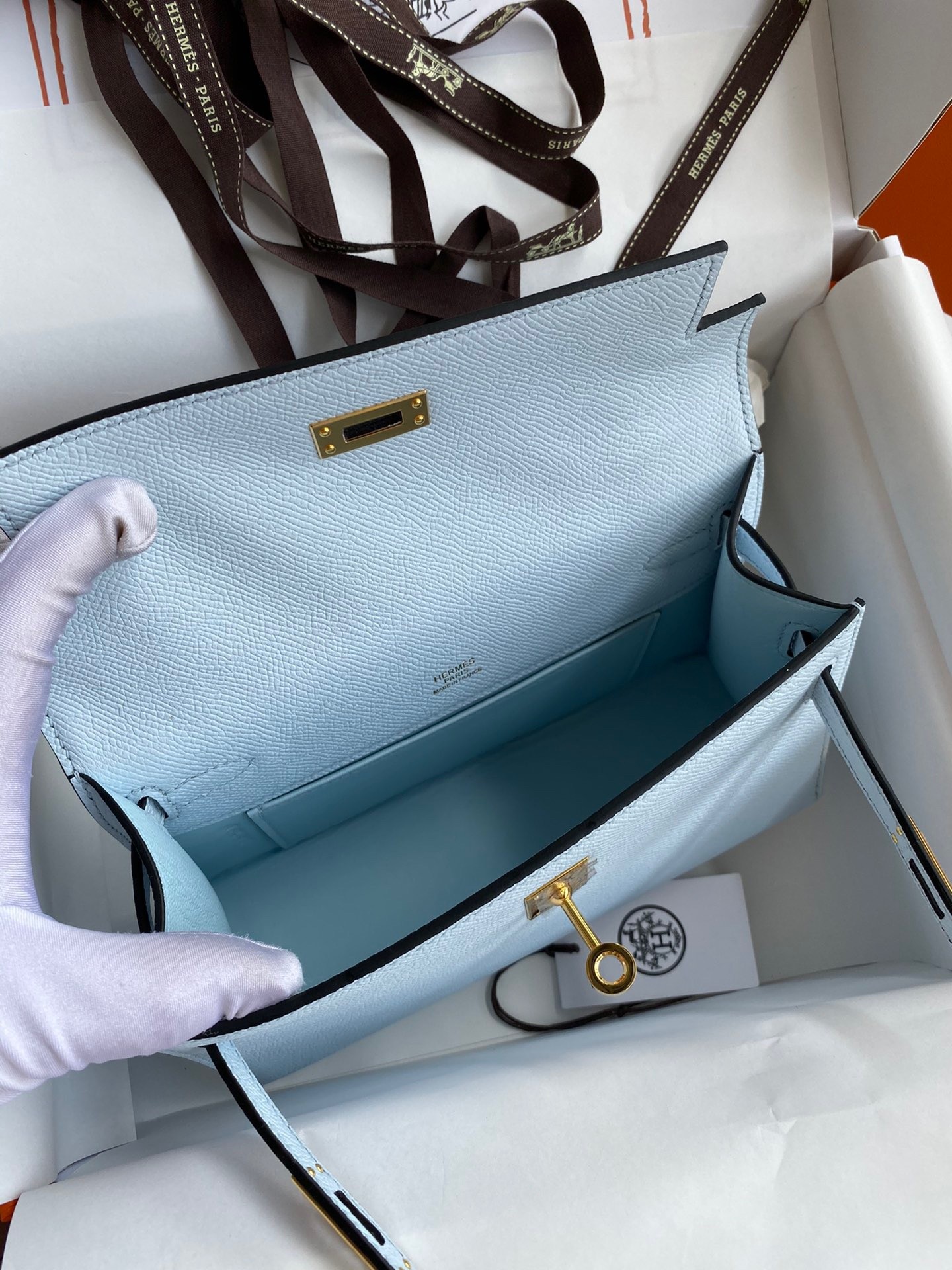 H**mes kelly pochette handmade bag in blue brume epsom calfskin