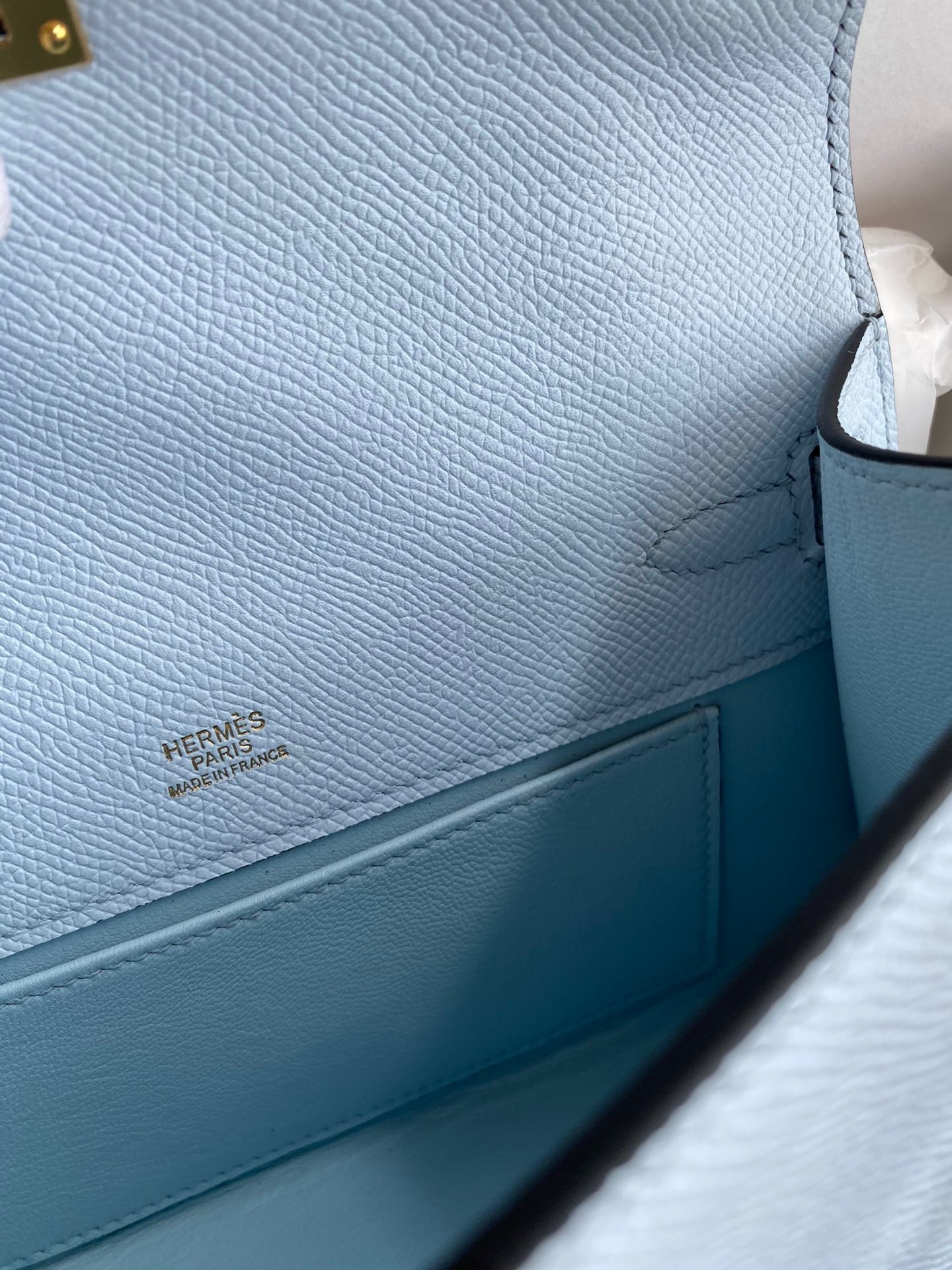H**mes kelly pochette handmade bag in blue brume epsom calfskin