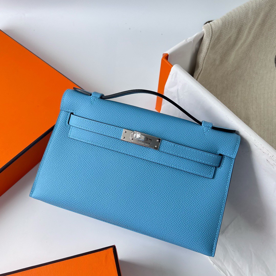H**mes kelly pochette handmade bag in blue du nord epsom calfskin