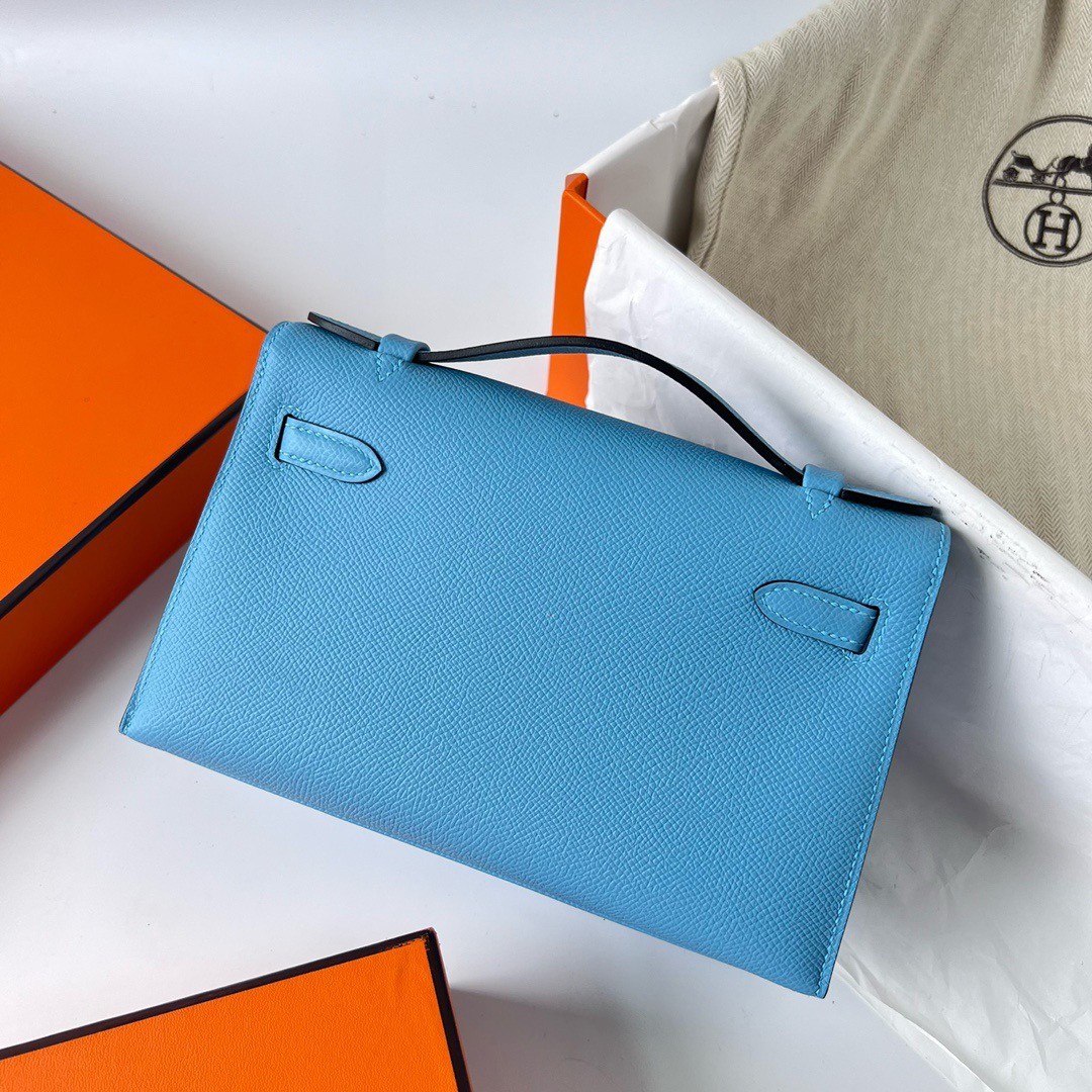 H**mes kelly pochette handmade bag in blue du nord epsom calfskin