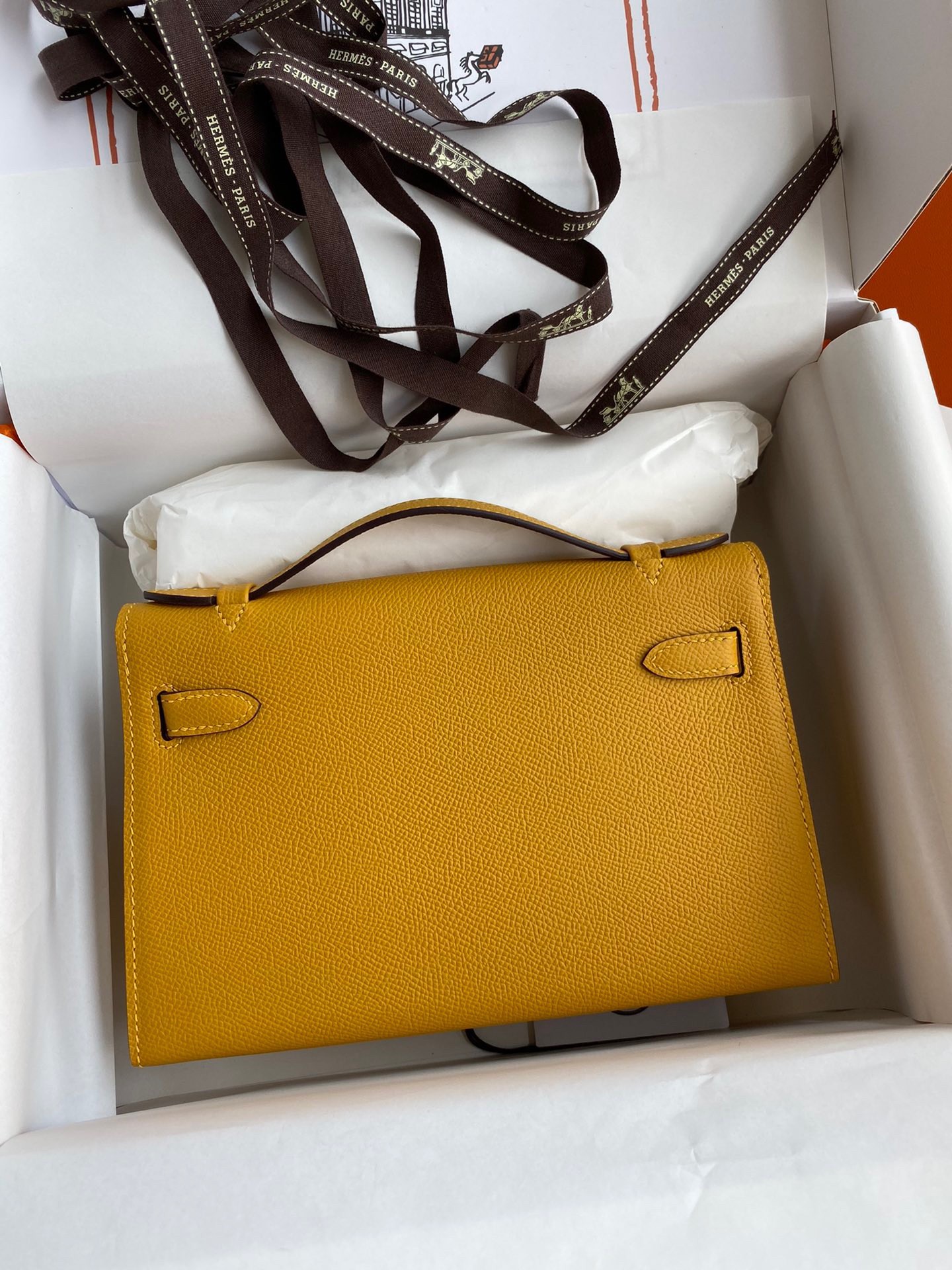 H**mes kelly pochette handmade bag in jaune ambre epsom calfskin