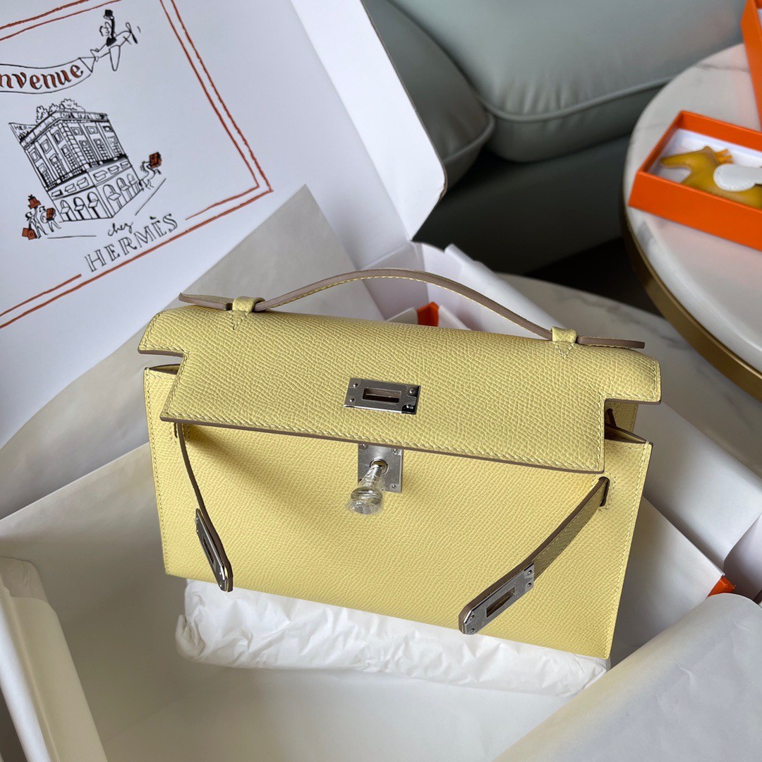 H**mes kelly pochette handmade bag in jaune poussin epsom calfskin
