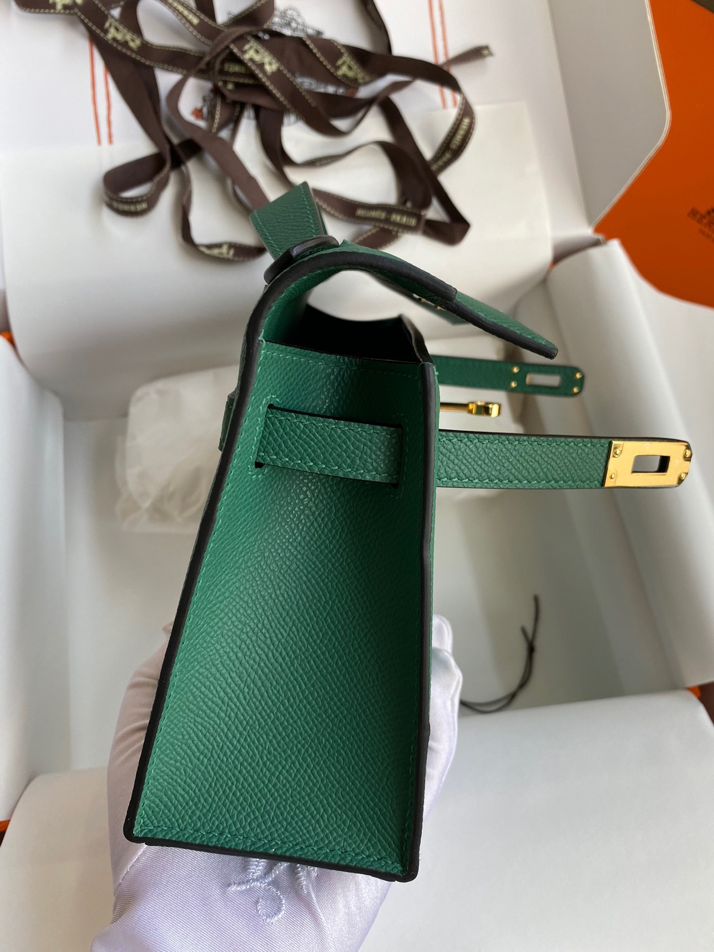 H**mes kelly pochette handmade bag in malachite epsom calfskin
