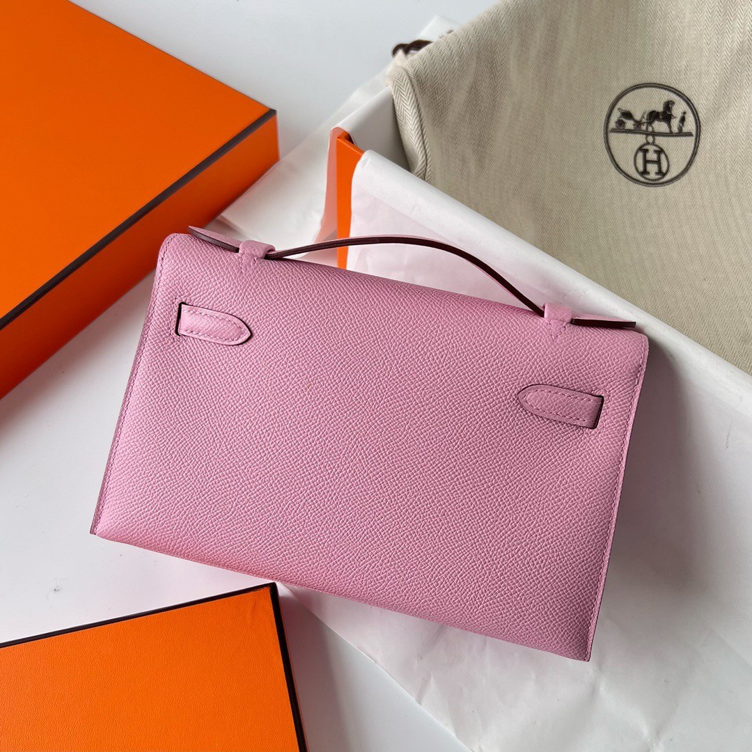 H**mes kelly pochette handmade bag in mauve sylvestre epsom calfskin