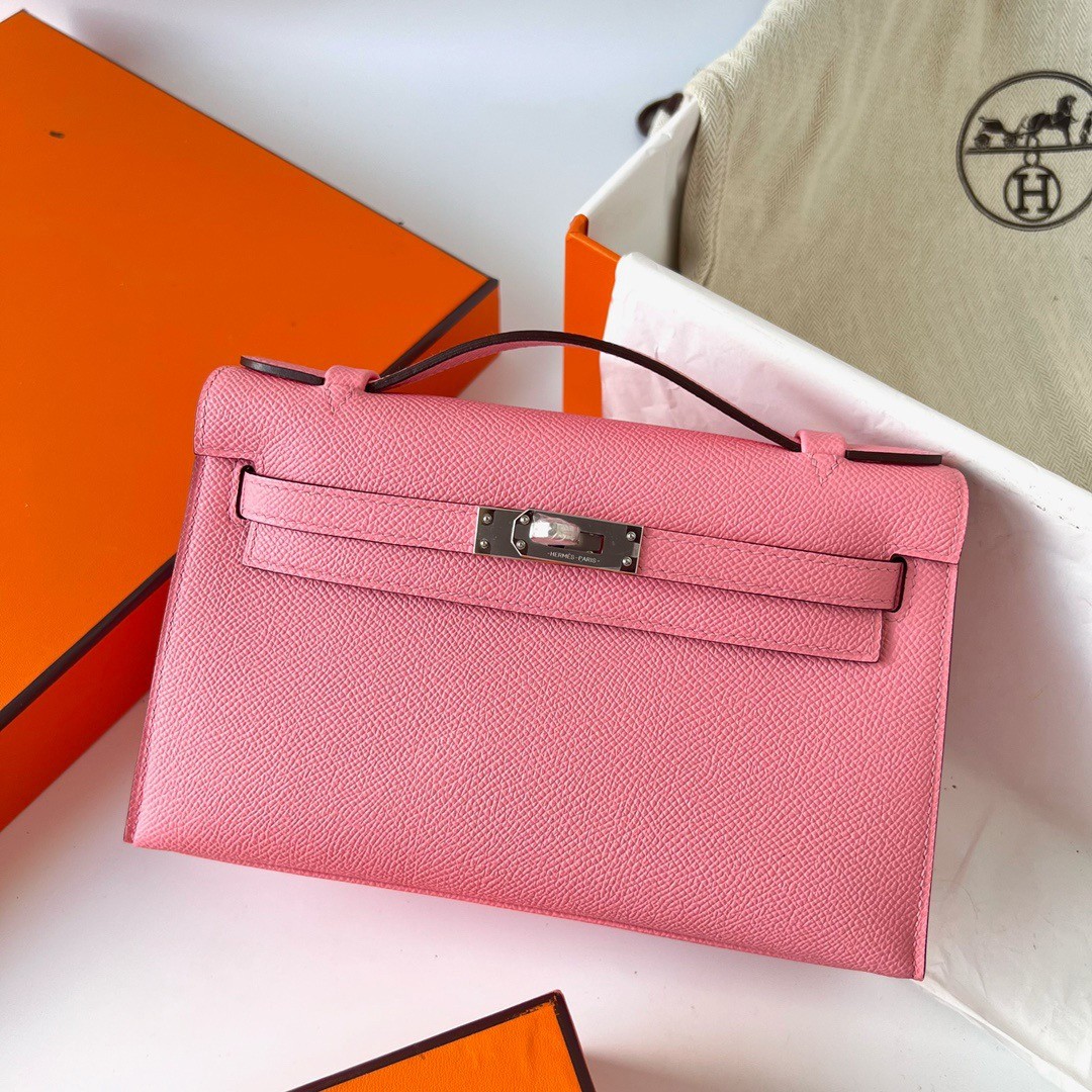 H**mes kelly pochette handmade bag in rose confetti epsom calfskin
