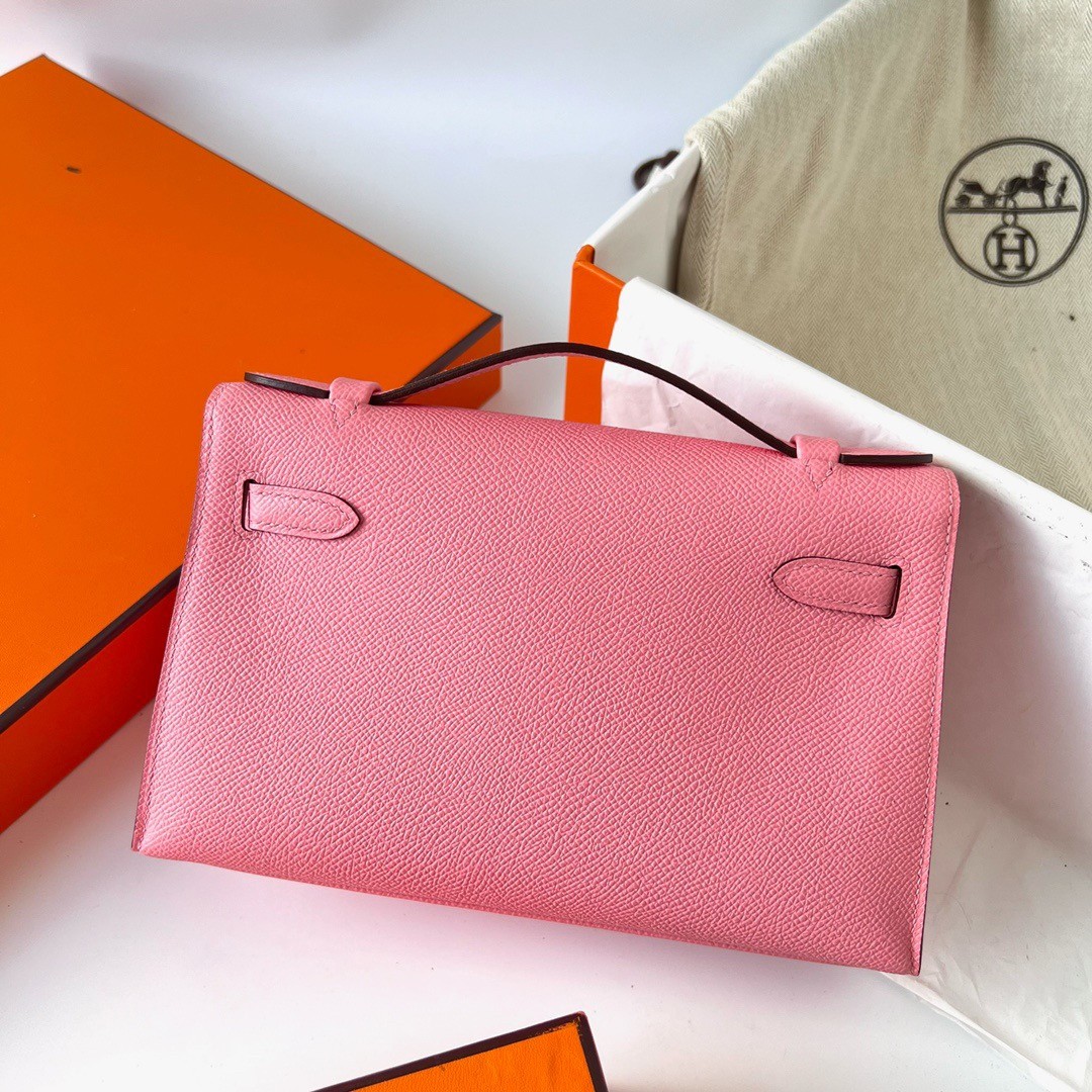 H**mes kelly pochette handmade bag in rose confetti epsom calfskin