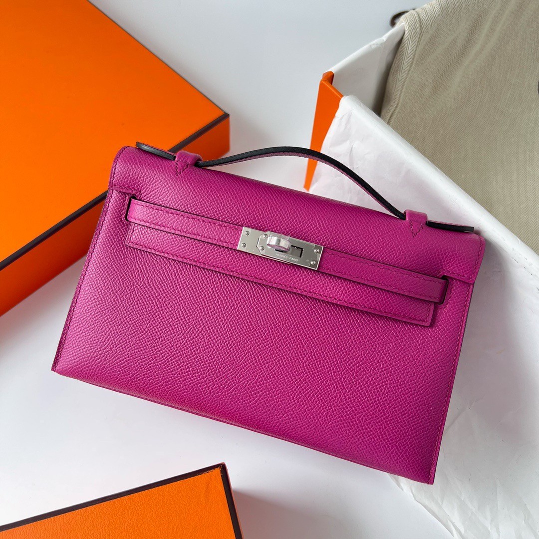 H**mes kelly pochette handmade bag in rose purple epsom calfskin