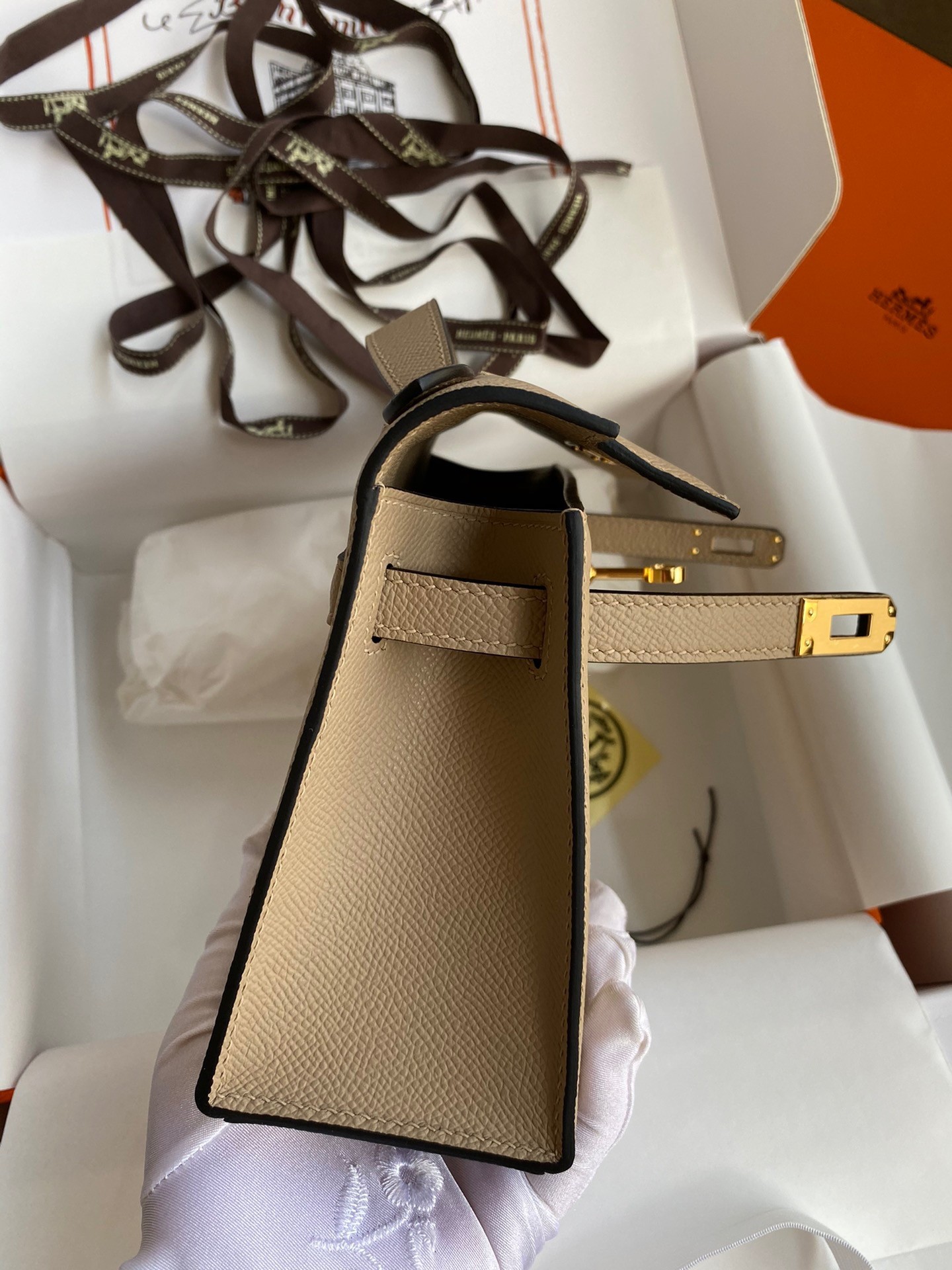 H**mes kelly pochette handmade bag in trench epsom calfskin