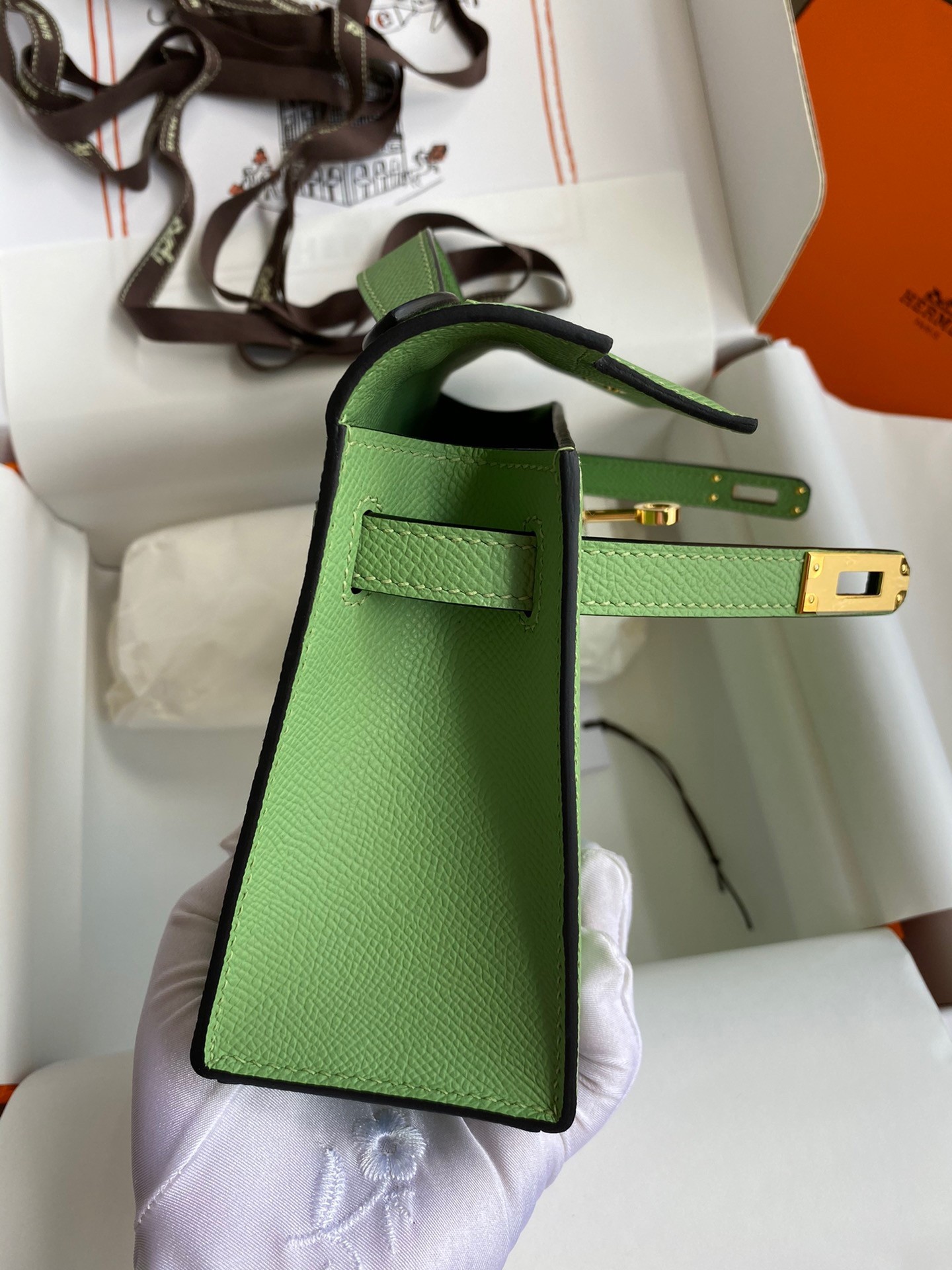 H**mes kelly pochette handmade bag in vert cypres epsom calfskin