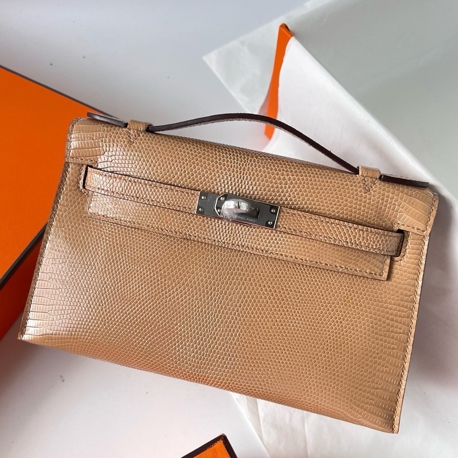H**mes kelly pochette handmade bag in chai lizard skin